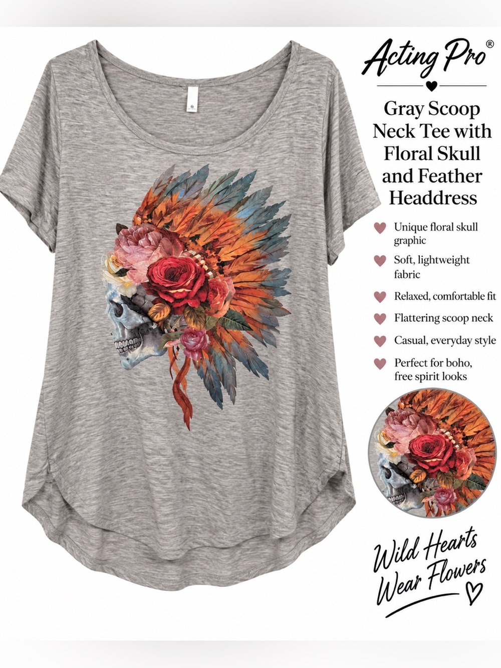 Acting Pro Gray Scoop Neck Tee with Floral Skull and Feather Headdress